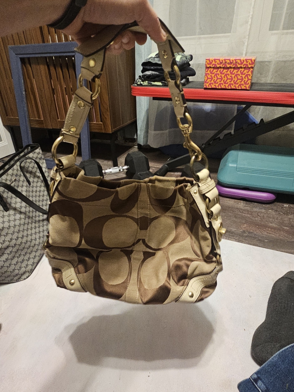 Coach Signature Canvas Shoulder Bag in Brown and Tan